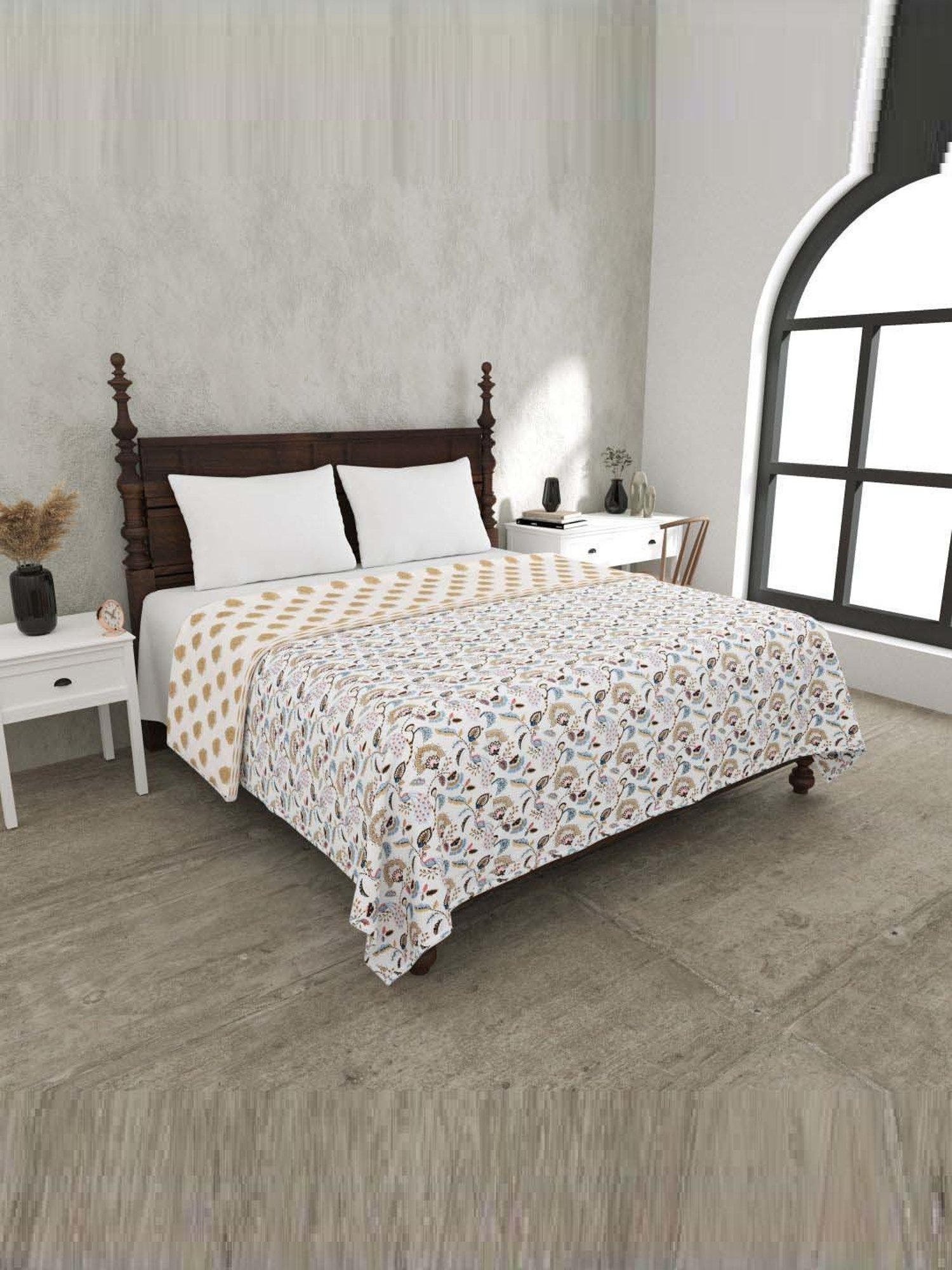 Haus & Kinder Cambric Floral Green & Yellow Cotton Single Reversible Dohar