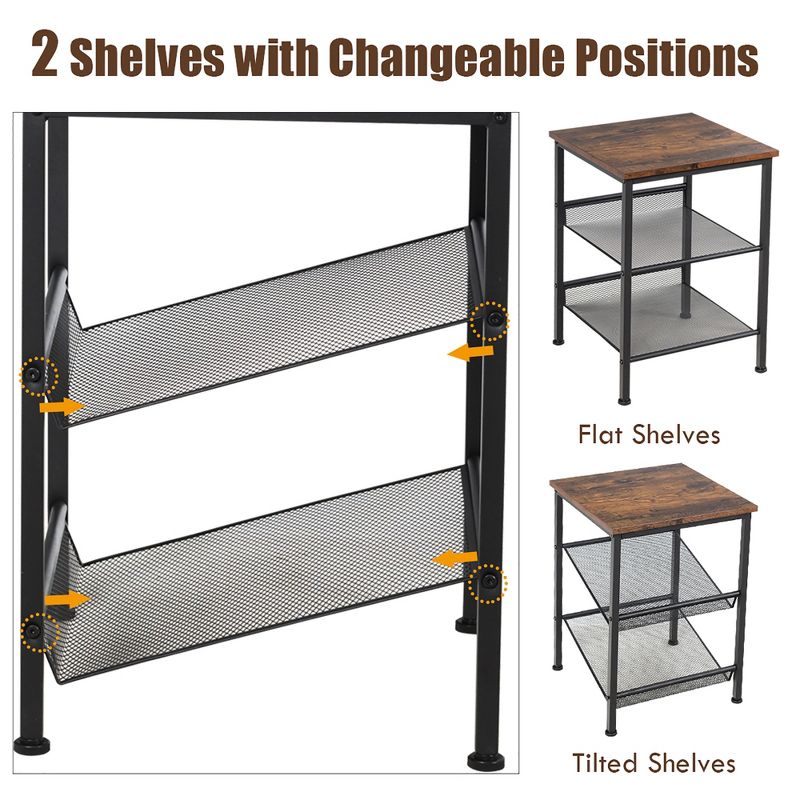 Costway Set of 2 3-Tier Industrial End Side Table Nightstand W/2 Adjustable Shelves