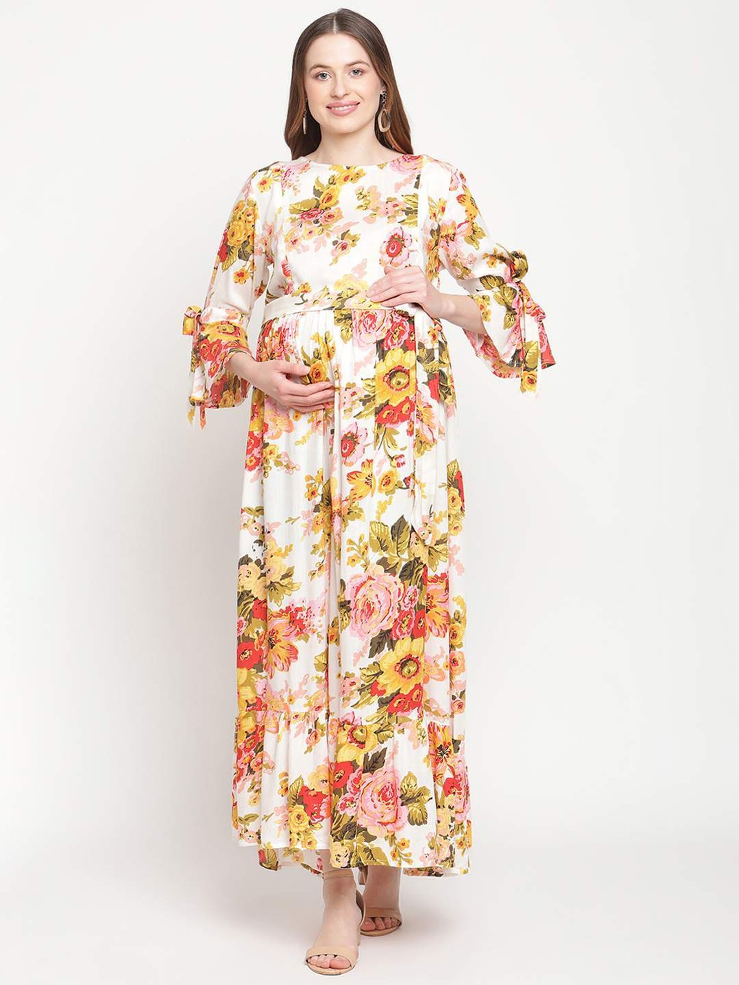 Moms Maternity Off-White Printed Maternity Dress