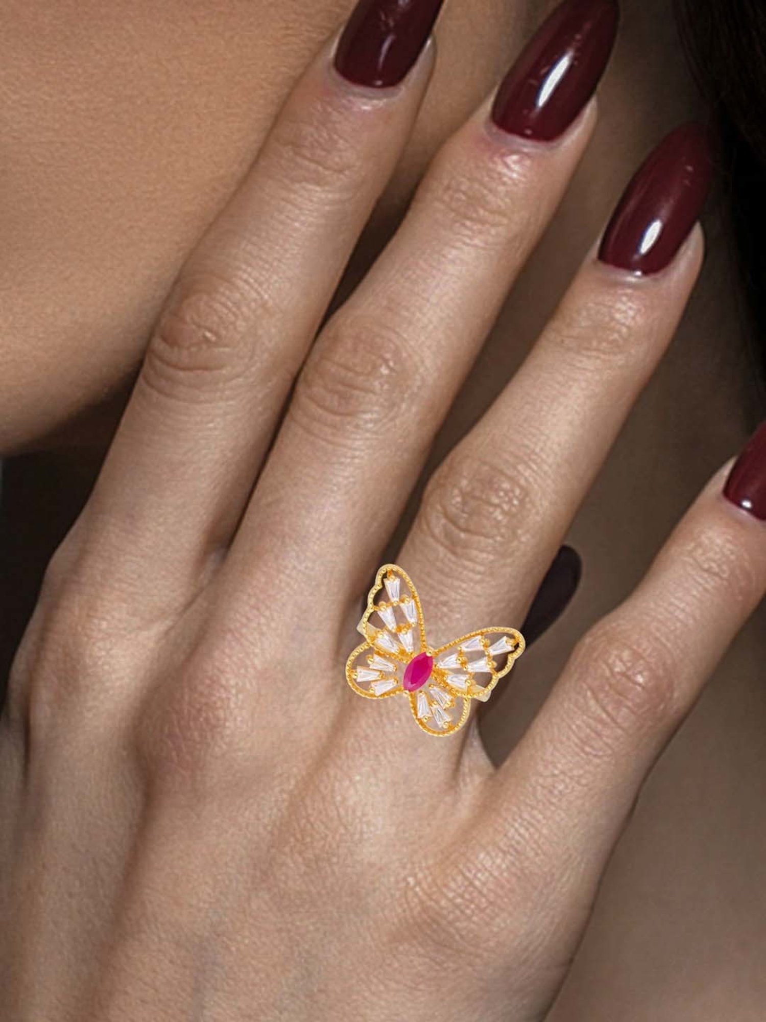 CKC Ethereal Beauty: Gold Butterfly Ring Set with Color Stone and Zircon