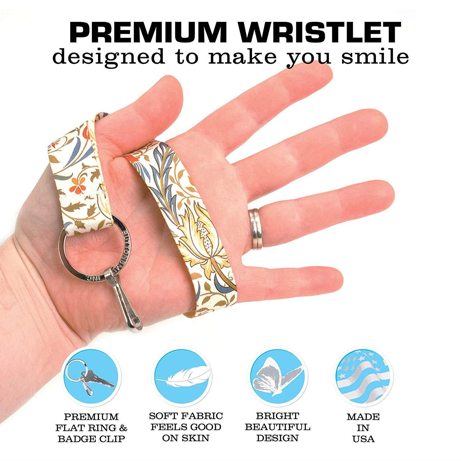 Buttonsmith William Morris Flora Premium Wristlet Lanyard with Flat Ring - Made in USA