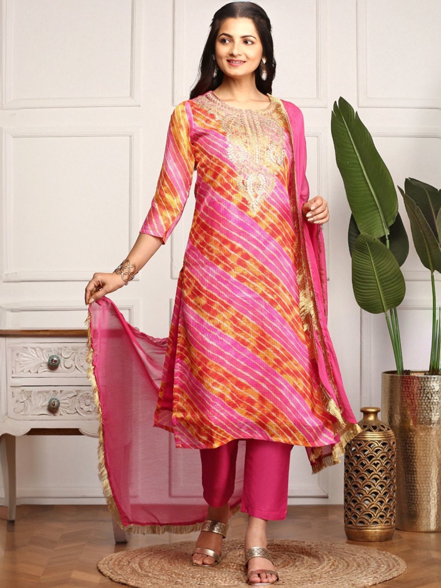 Ishin Pink Embroidered Kurta & Pants Set with Dupatta
