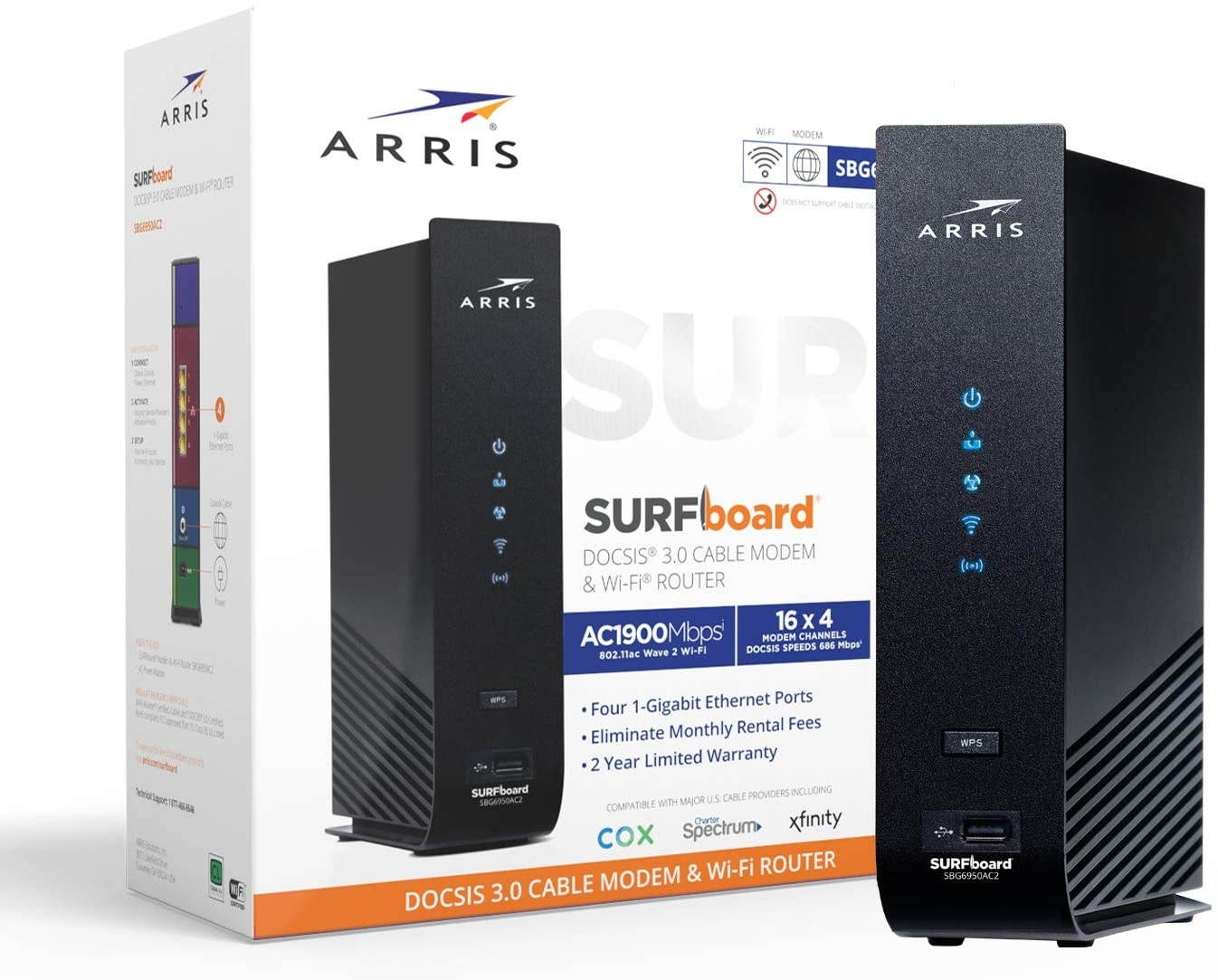 Arris SURFboard (16x4) Docsis 3.0 Cable Modem Plus AC1900 Dual Band Wi-Fi Router, Certified for Xfinity, Spectrum, Cox & More (SBG6950AC2),Black