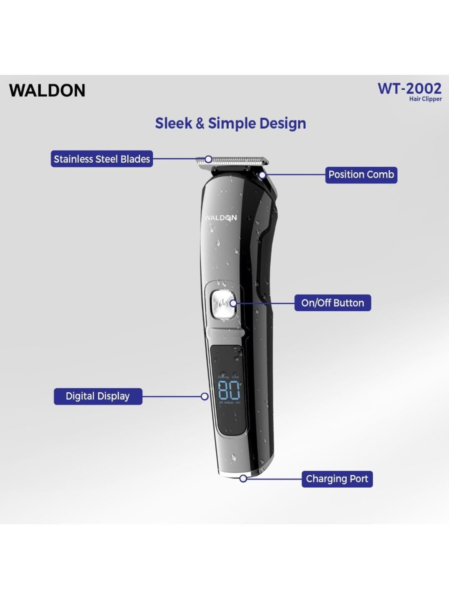Waldon WT-2002 Professional Cordless Hair Clipper and Trimmer - 90 Min Runtime (Silver)