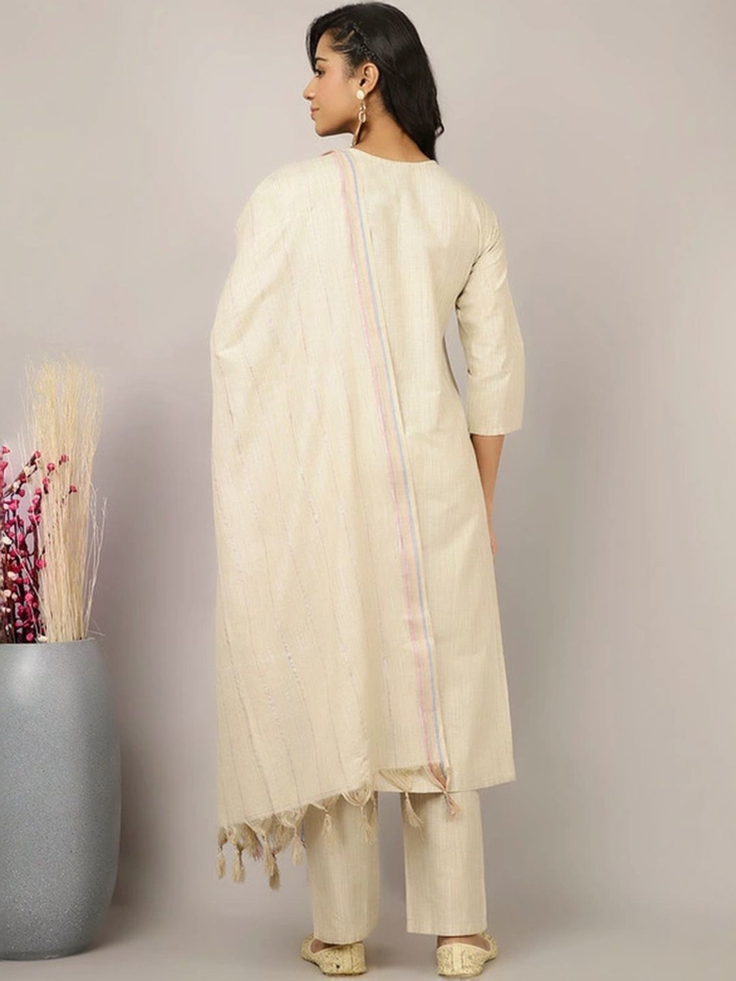 Jaipur Kurti Beige Embroidered Kurta Pant Set With Dupatta