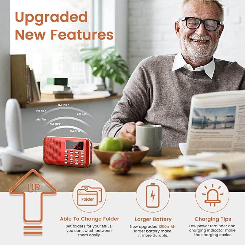 Small Portable Pocket Radio AM FM Digital Radio with LED Flashlight Micro SDTF CardUSB MP3 Music Player Auto Scan Save 1200mAh Rechargeable Battery Operated by Latest Version