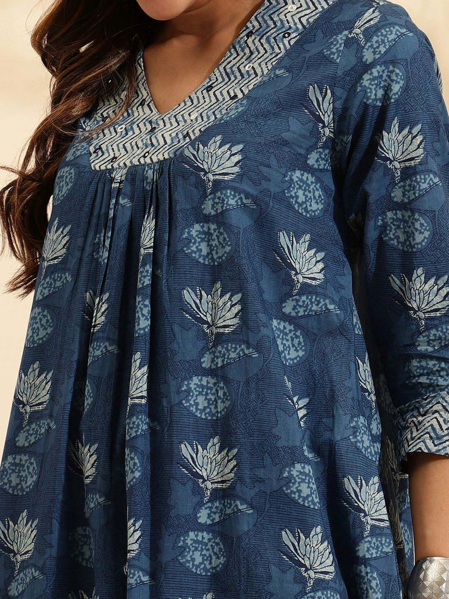 Sringam Blue Cotton Printed Kurta & Pant Set
