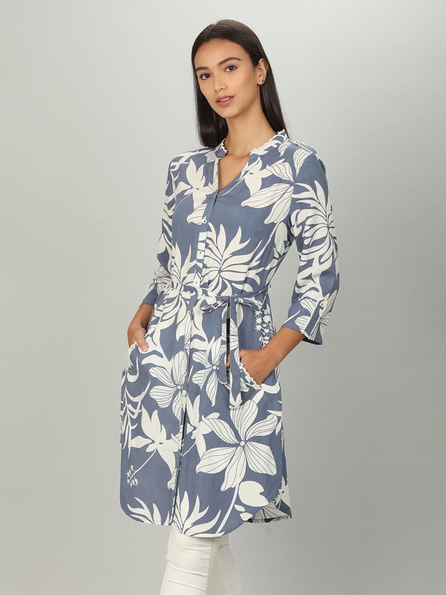 Mustard Blue & White Floral Print Shirt