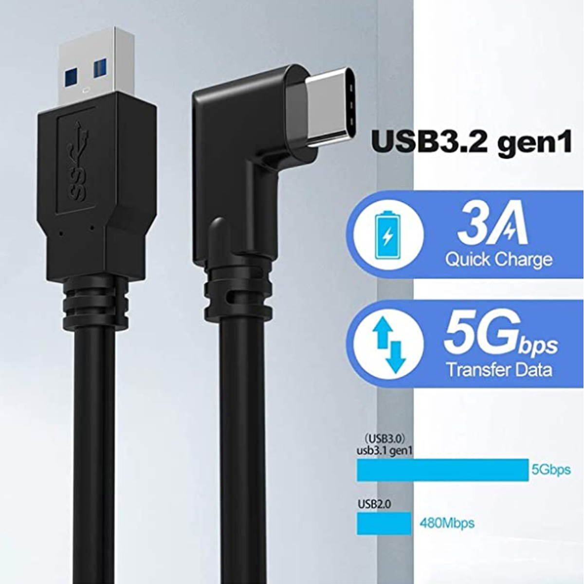 Link Cable for Oculus Quest 2/Quest 16ft (5M) Cable for PC Gaming and Charging | High Speed Data Transfer & Fast Charger Cord Angled Type C USB3.2 Gen1 to USB Type A Power Cable (16ft/5m), VR12