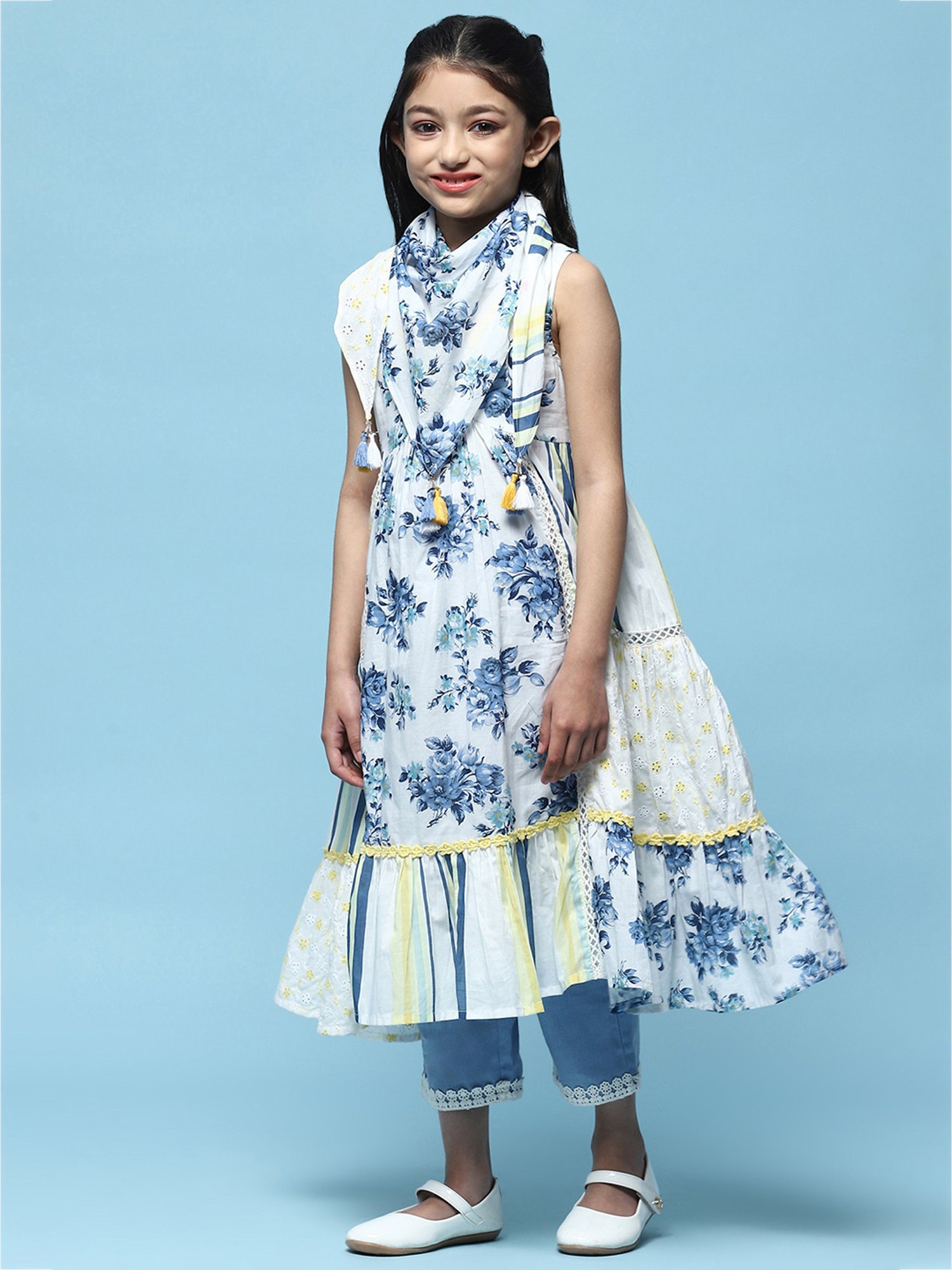 BIBA Girls White & Blue Floral Print Kurta, Pants, with Dupatta