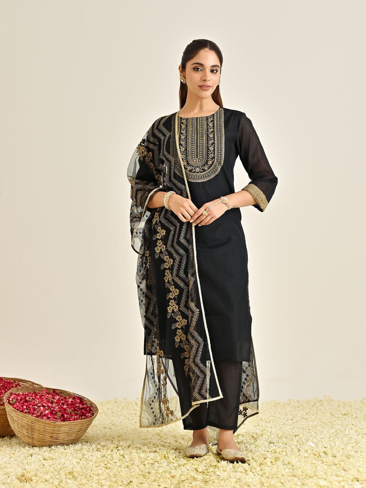 Rustorange Black Embroidered Kurta With Pant & Dupatta