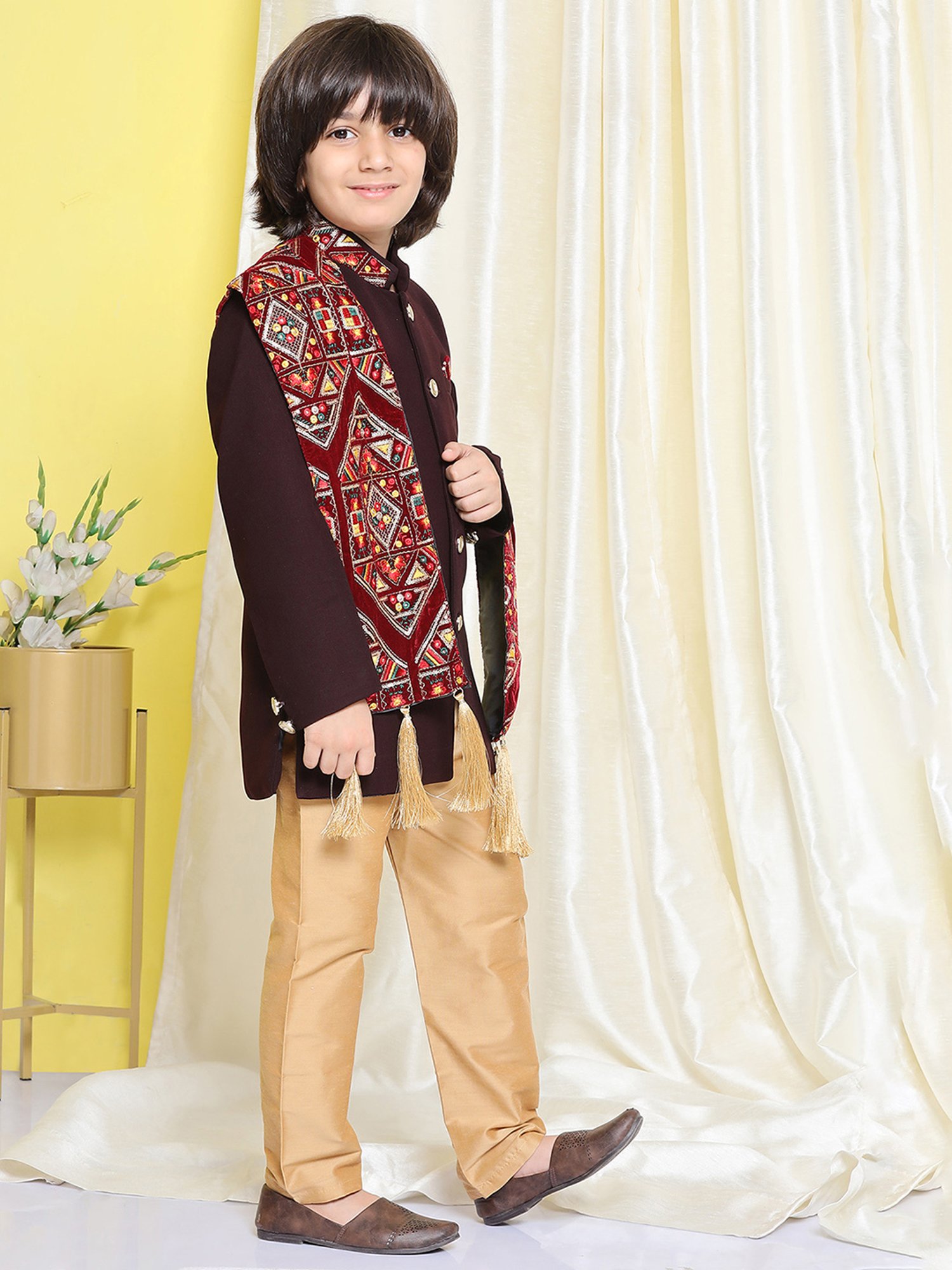 AJ Dezines Kids Maroon & Gold Embroidered Full Sleeves Sherwani, Pyjamas with Dupatta