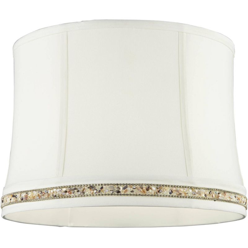 Springcrest Geneva White Beaded Trim Medium Drum Lamp Shade 13" Top x 14" Bottom x 10" High (Spider) Replacement with Harp and Finial