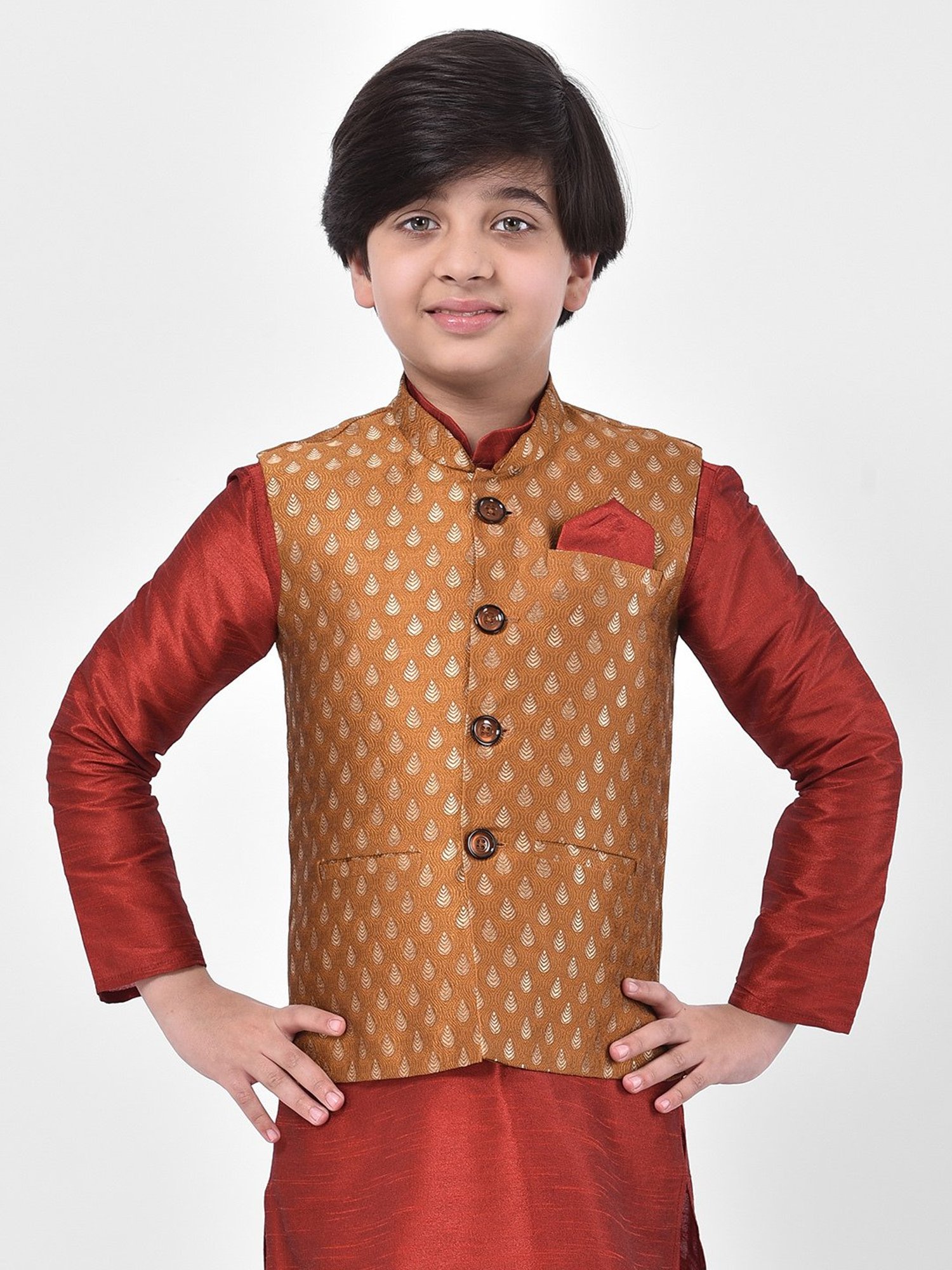 Deyann Kids Brown Embroidered Nehru Jacket