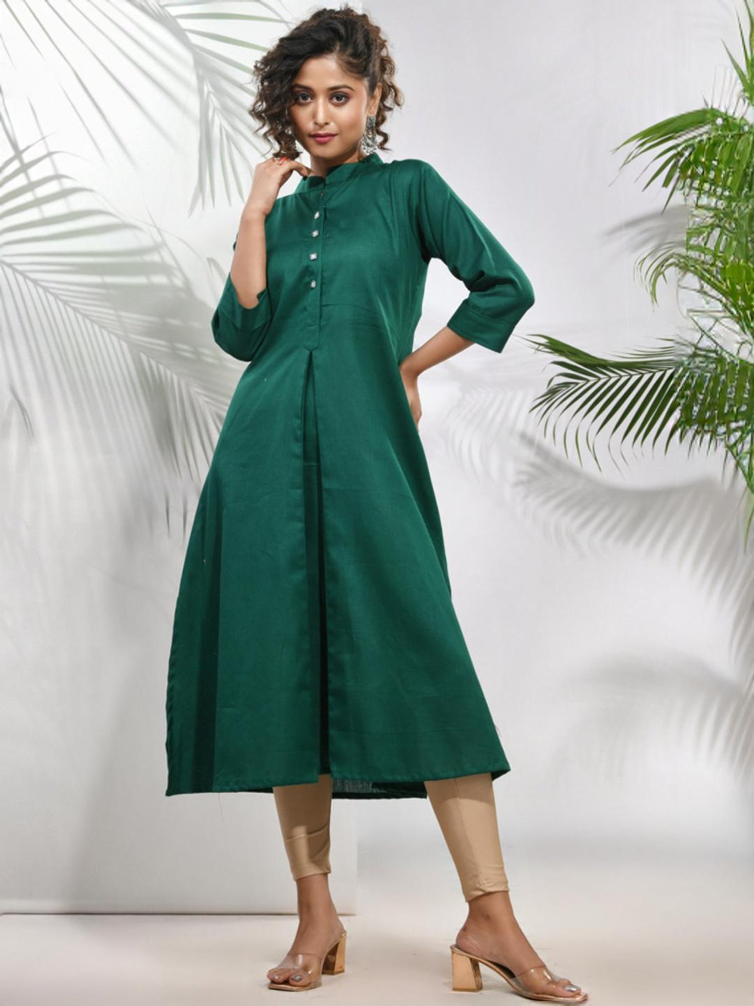 CHARUKRITI Green Cotton Woven Pattern A Line Kurta