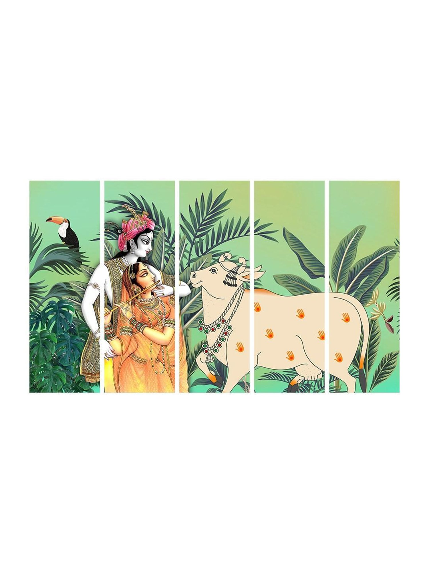 999Store Printed Green MDF 5 Panels Wall Art