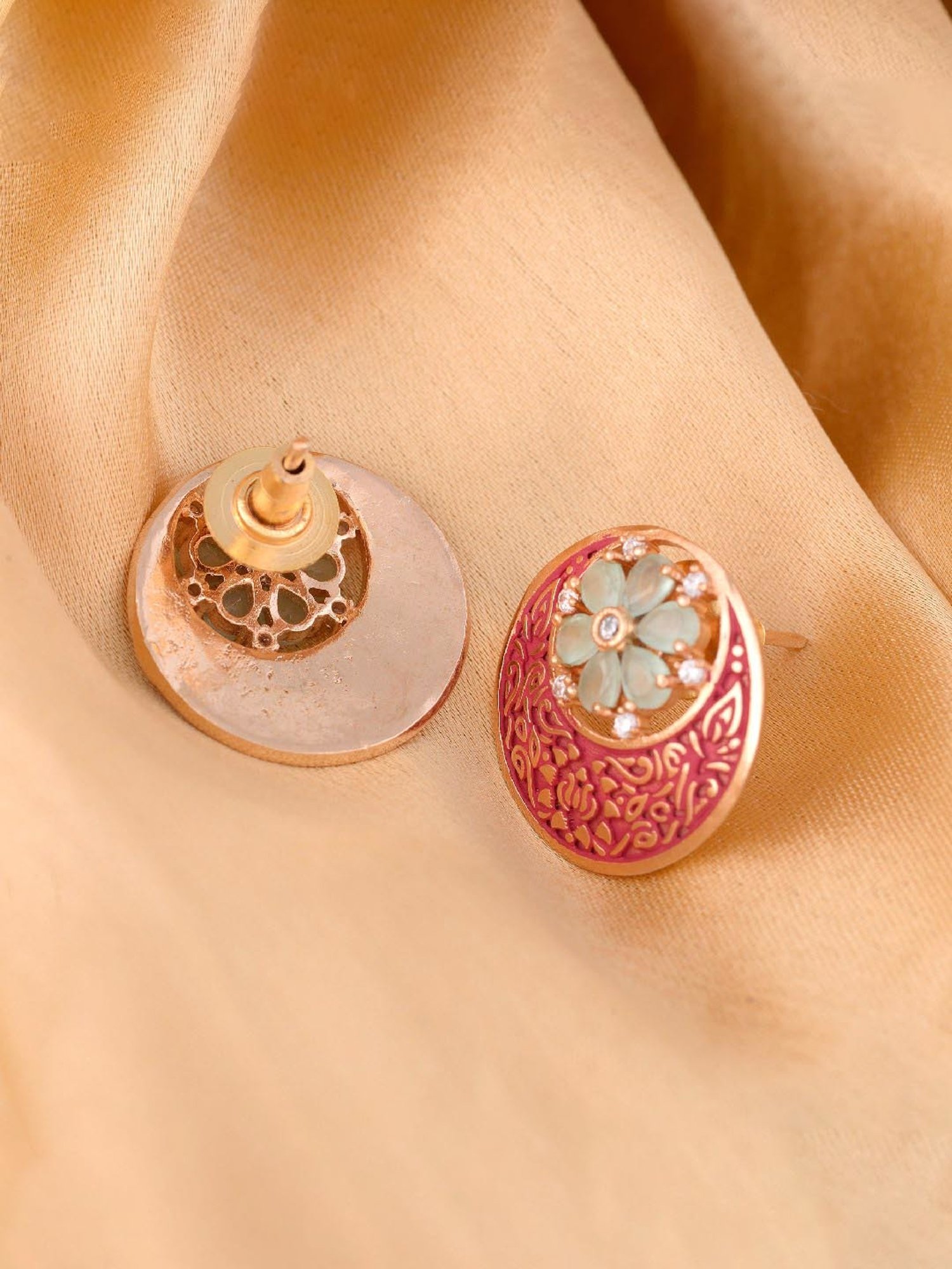 Saraf RS Jewellery Red Chandbali earrings with Blue diamond