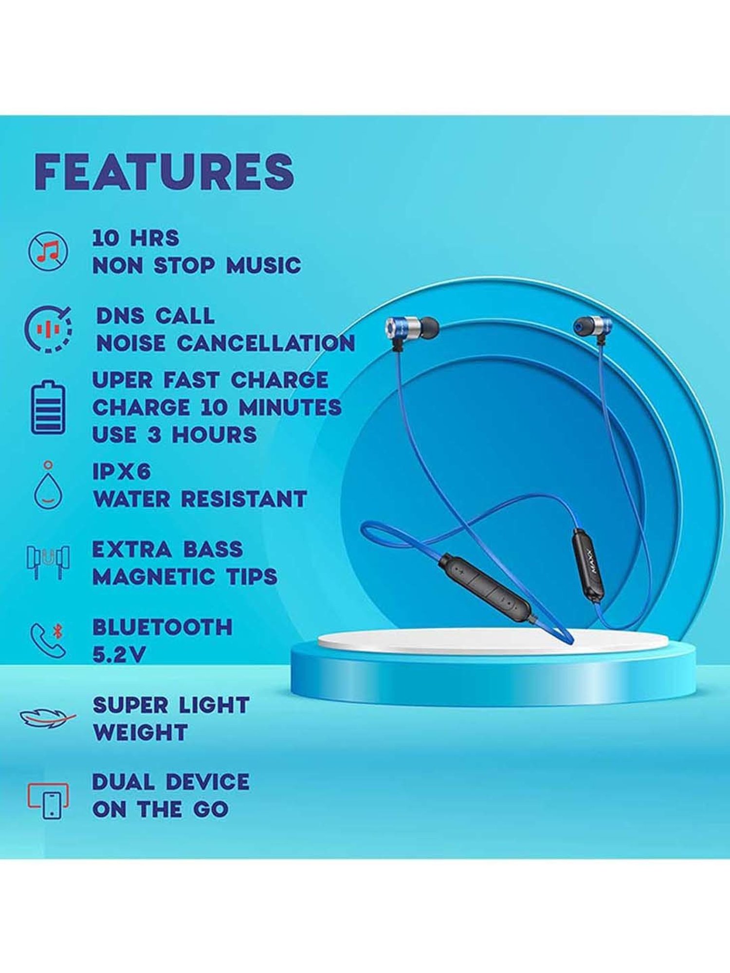 Maxx NX4 Wireless Neckband with Mic (Black/Blue)