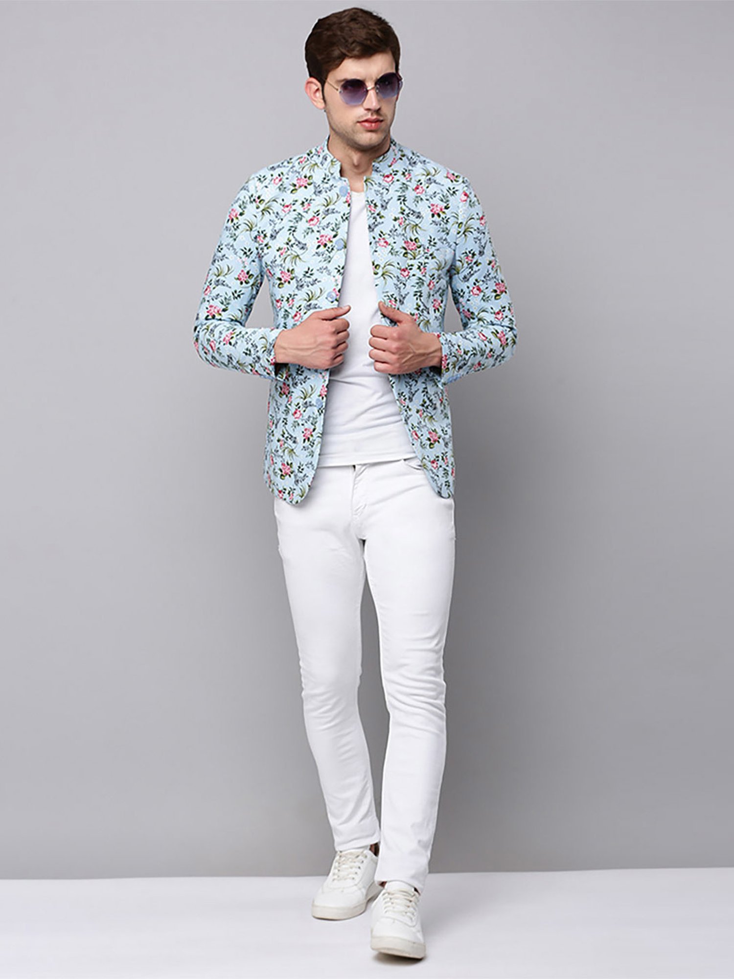 SHOWOFF Blue Cotton Slim Fit Floral Print Blazer