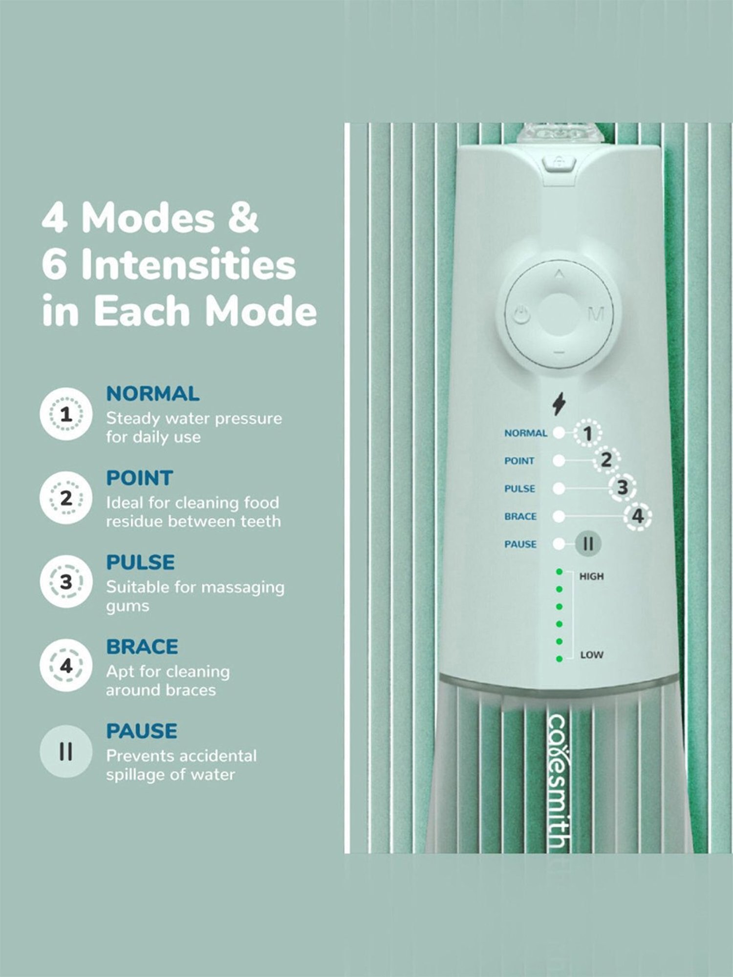 Caresmith Neo Cordless Oral Flosser 24 Pressure Settings with 5 Modes & 6 Intensities (Green)