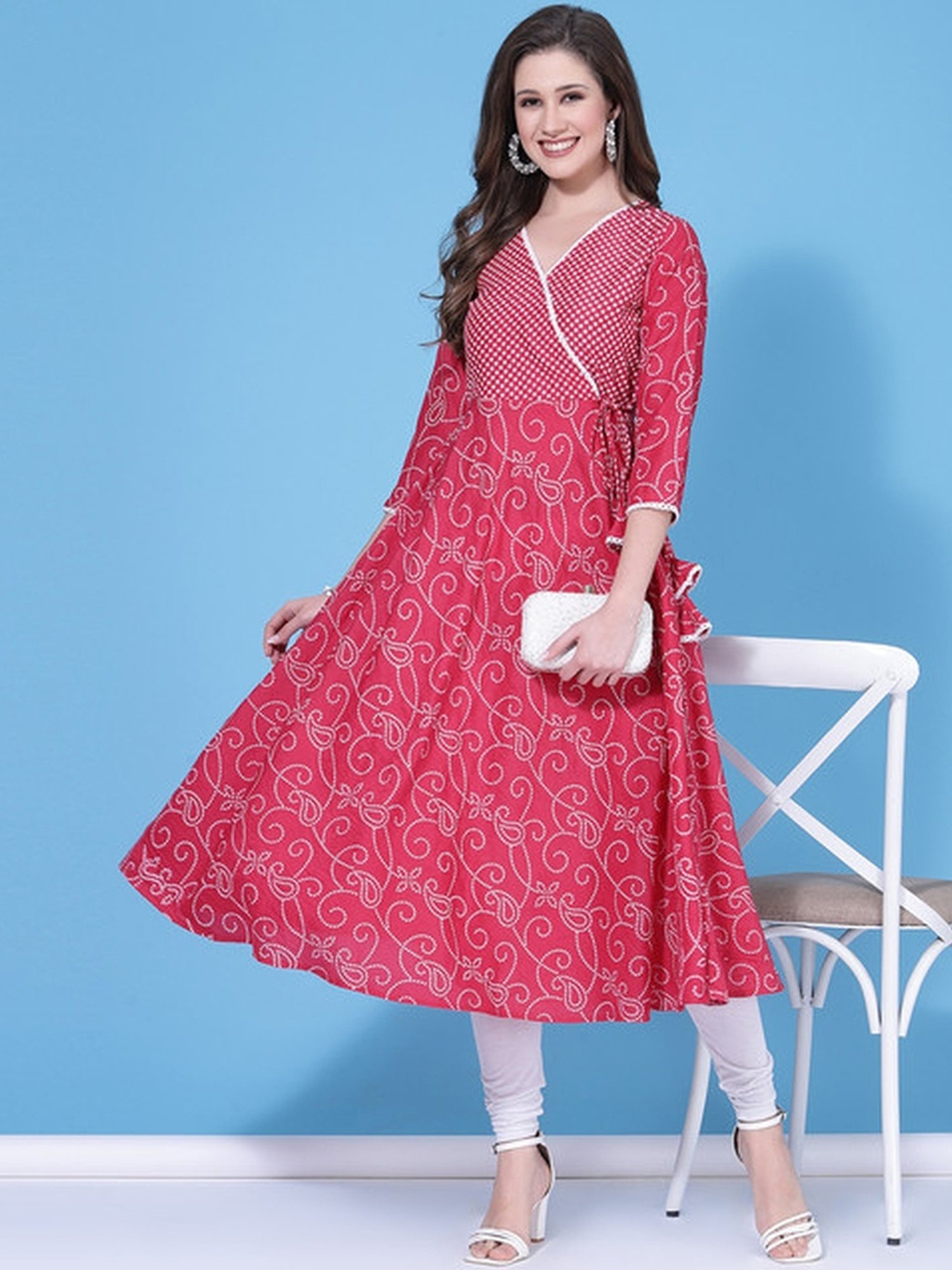 Skylee Pink & White Bandhani Print A Line Kurta