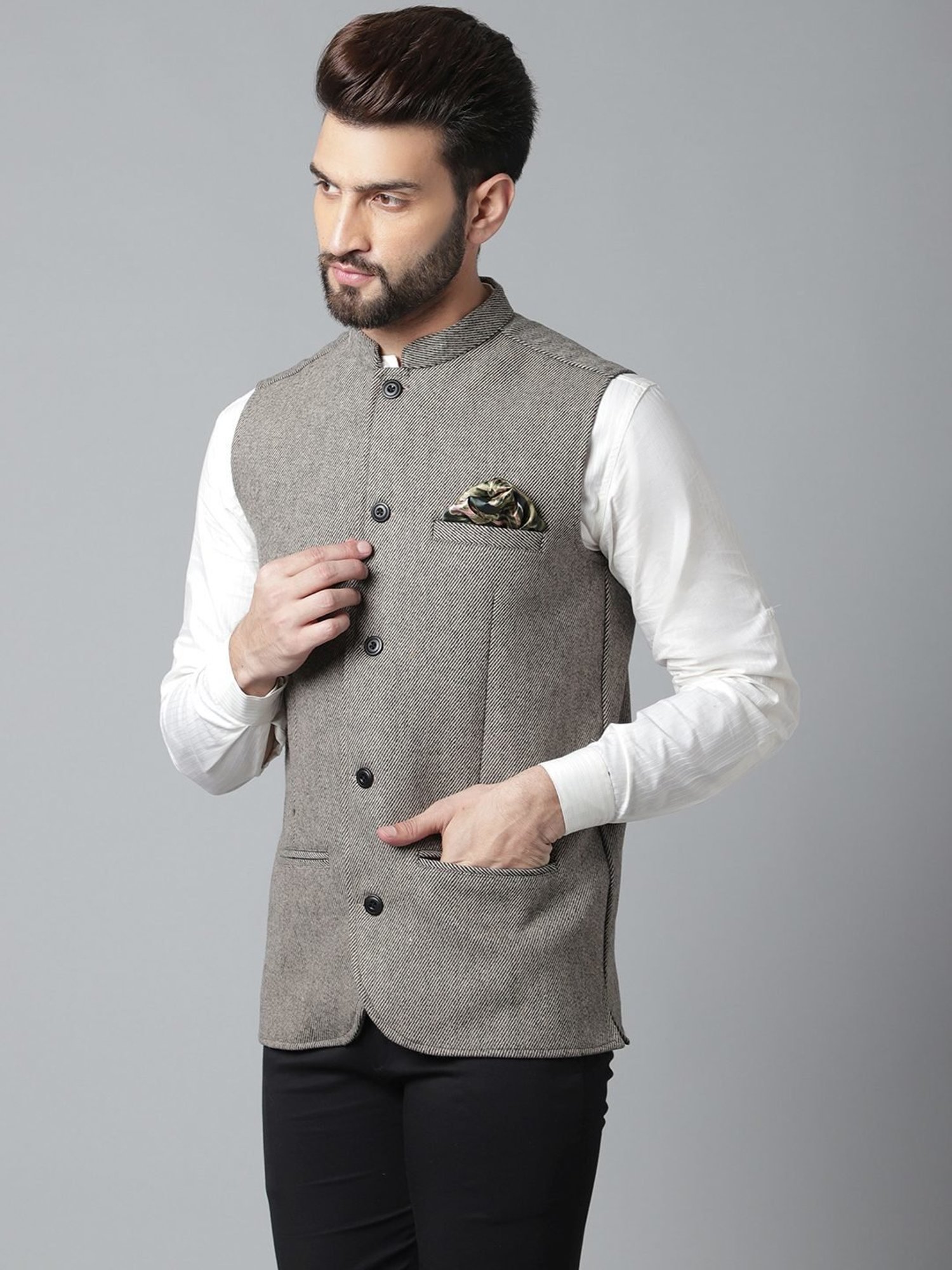 Even Cream Regular Fit Texture Nehru Jacket