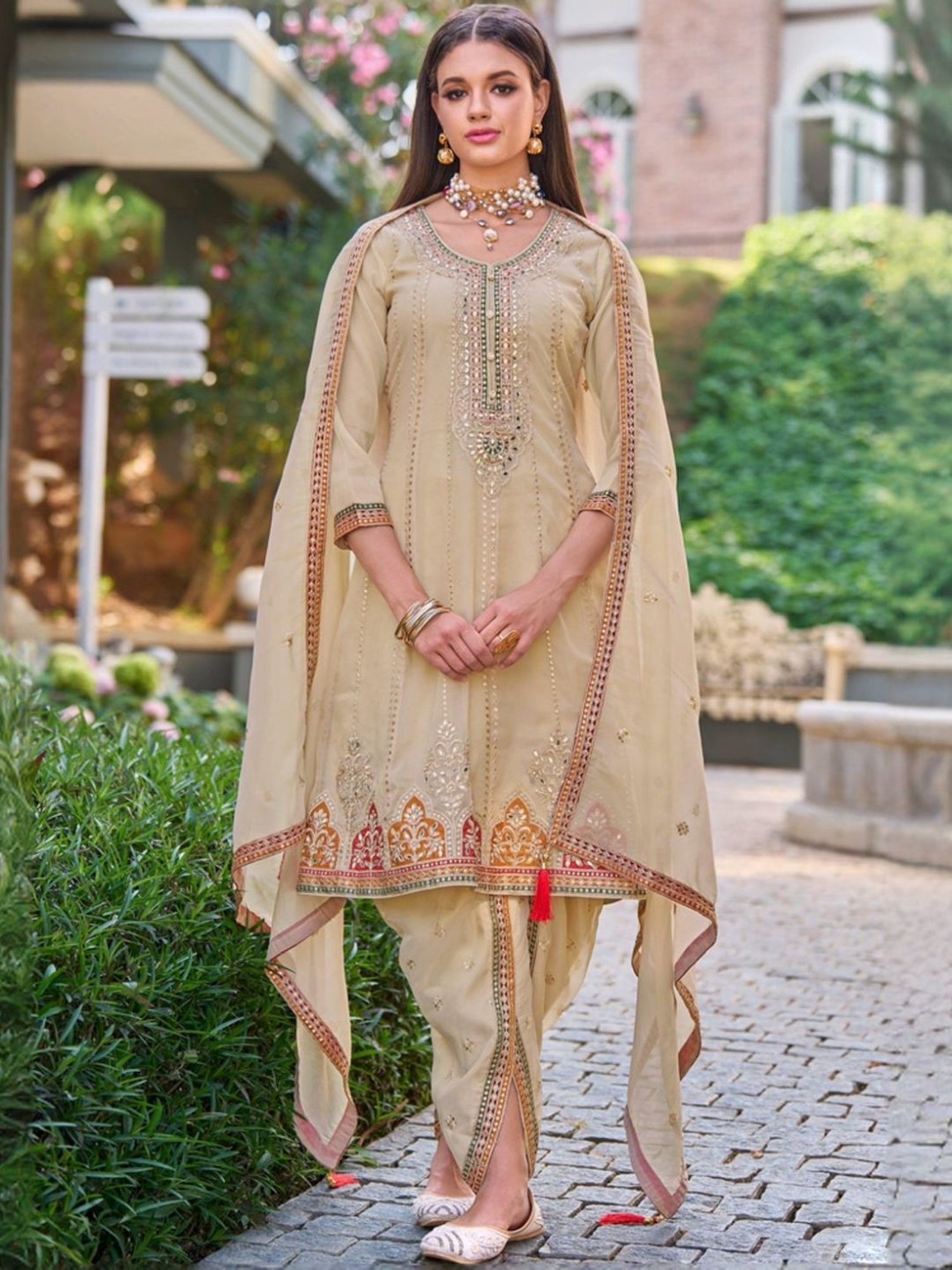 Autumnlane Beige Alia Gold Full Heavy Work Premium Kurta with Pant and Dupatta