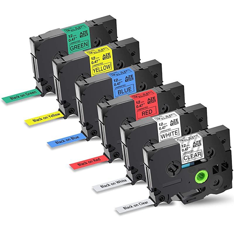 Compatible for Brother TZ TZE AZE Label Tape 12mm 0.47" Black on White Clear Red Blue Yellow Green Replacement for Ptouch PT2430PC 1890C PT-D210 300BT PT-1010 PTH100 D200 Label Maker-6 Pack