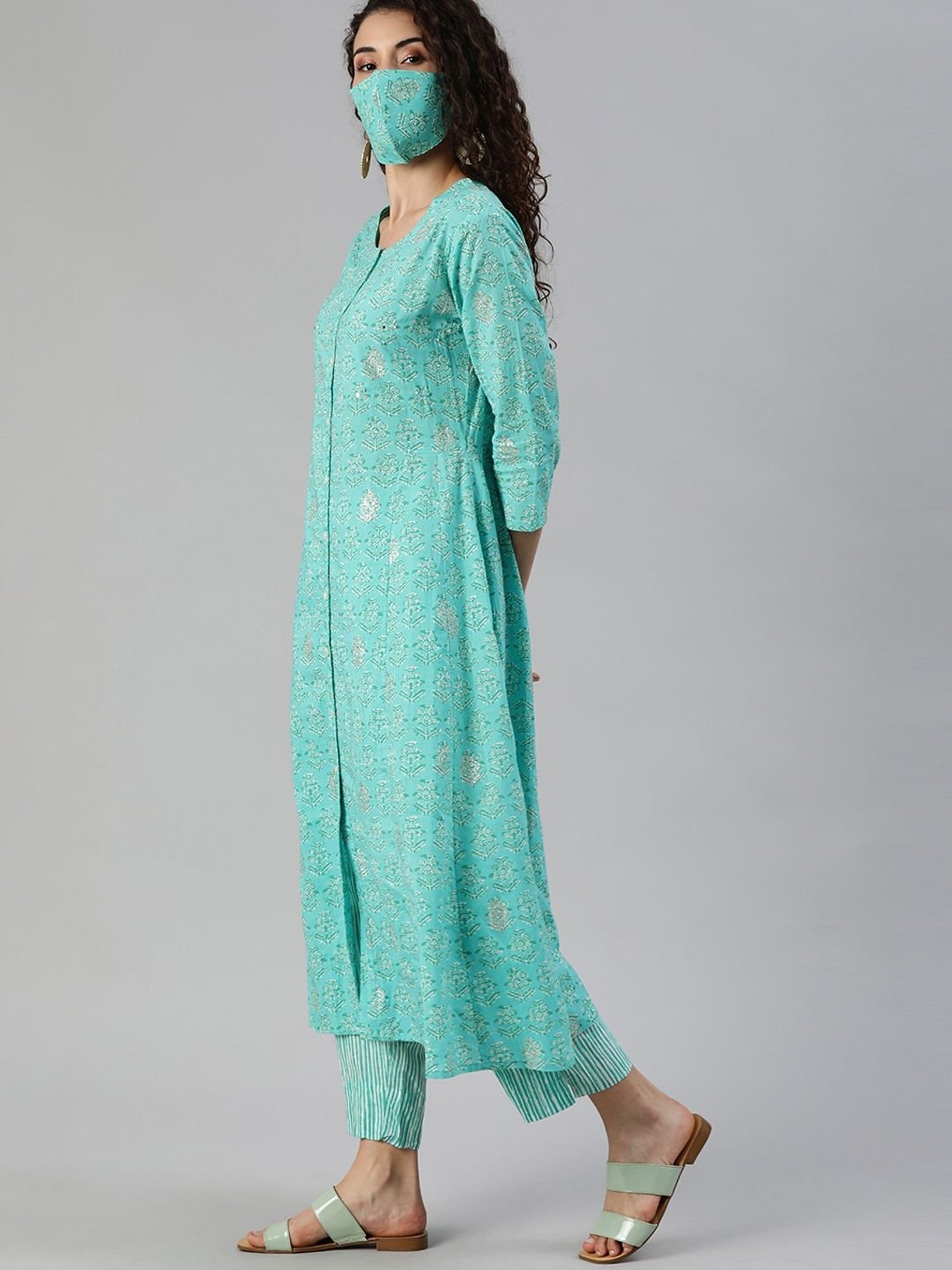 Ishin Blue Cotton Printed Kurta Pant Set With Mask