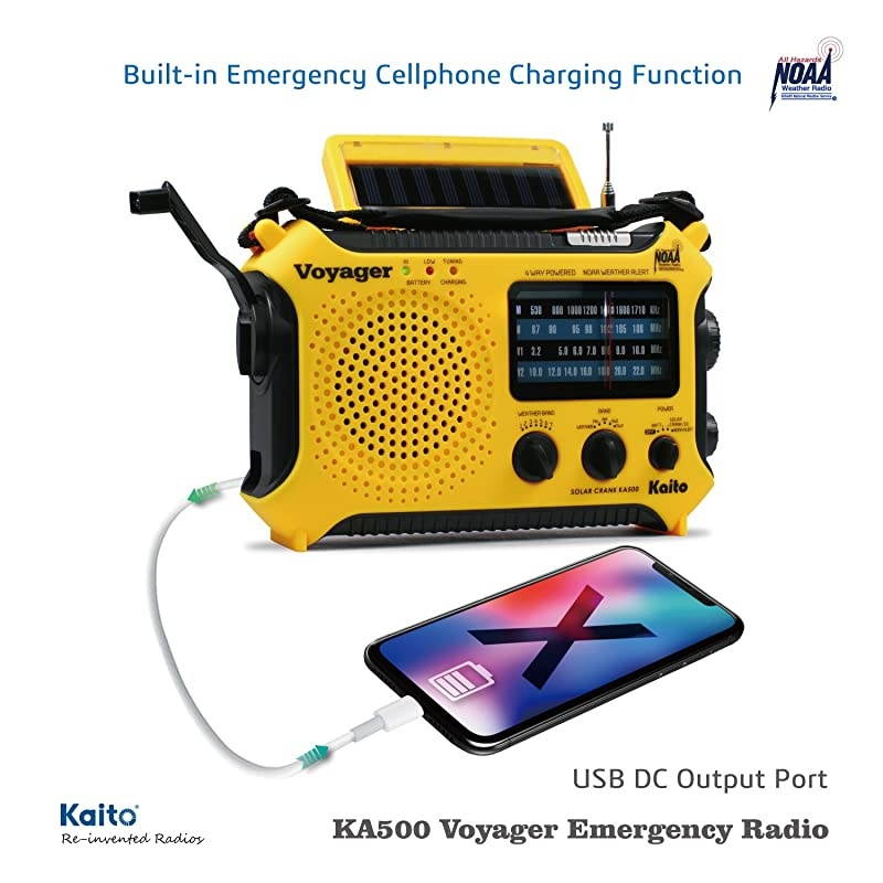 KA500 5way Powered Solar PowerDynamo Crank Wind Up Emergency AMFMSWNOAA Weather Alert Radio with FlashlightReading Lamp and Cellphone Charger Yellow