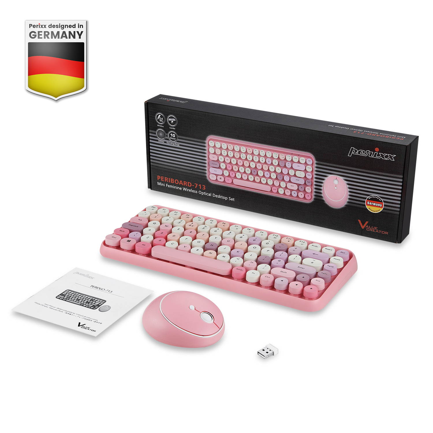 Perixx PERIDUO-713 Wireless Mini Keyboard and Mouse Combo, Retro Round Key Caps, Pink, 12 shortcut hotkey, Mini Optical Mouse, VINTAGE TYPEWRITER STYLE