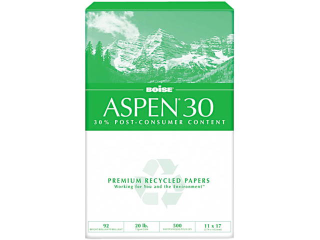 Boise ASPEN 30% Recycled Office Paper, 92 Bright, 20lb, 11 x 17, White, 2500 /Carton