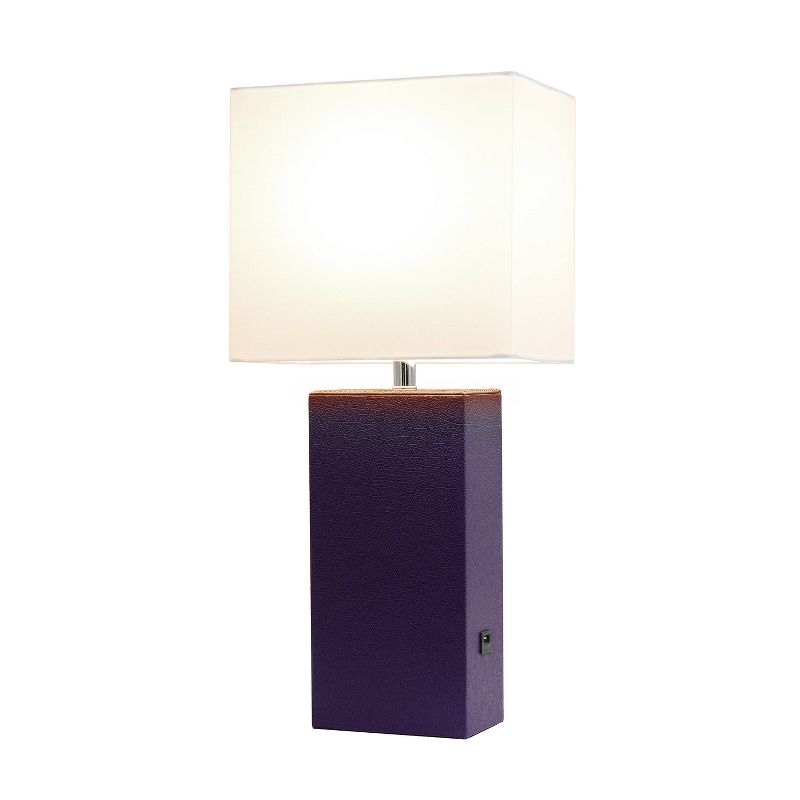 Modern Leather Table Lamp with USB and Fabric Shade Eggplant - Elegant Designs