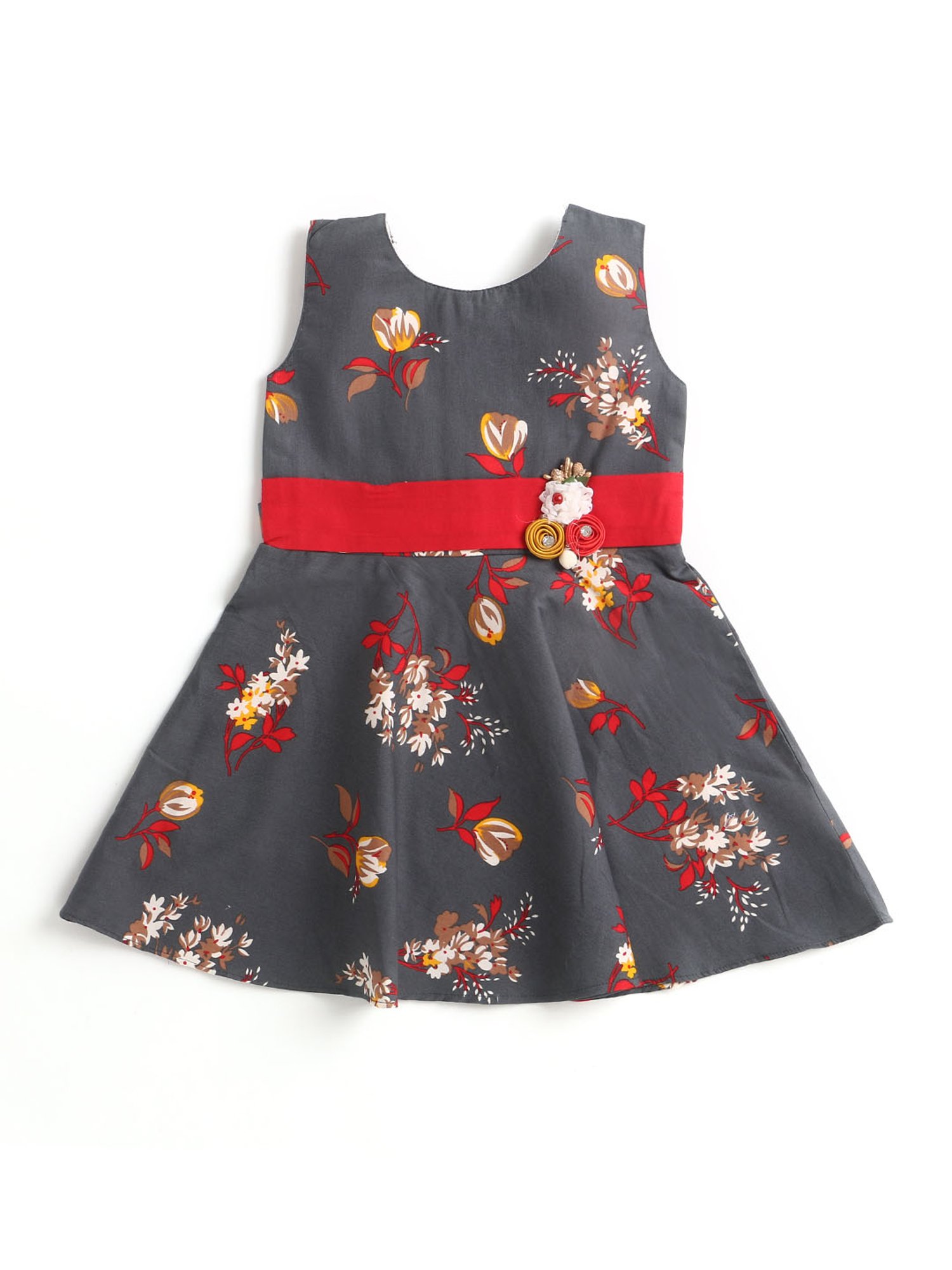 The Magic Wand Kids Grey Floral Print Dress with Corsage