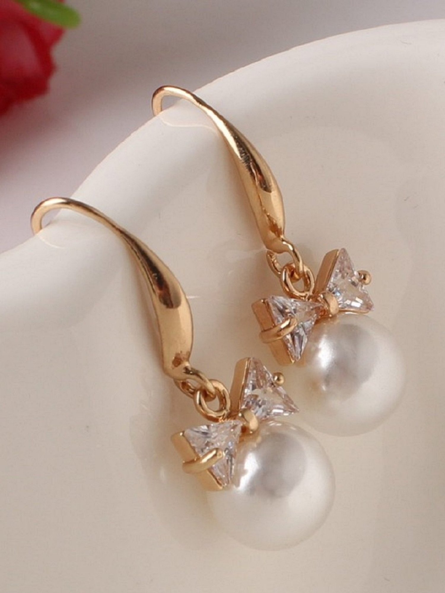 OOMPH Golden Tone Cubic Zirconia & Pearl Office-Wear Fashion Drop Earrings for Women