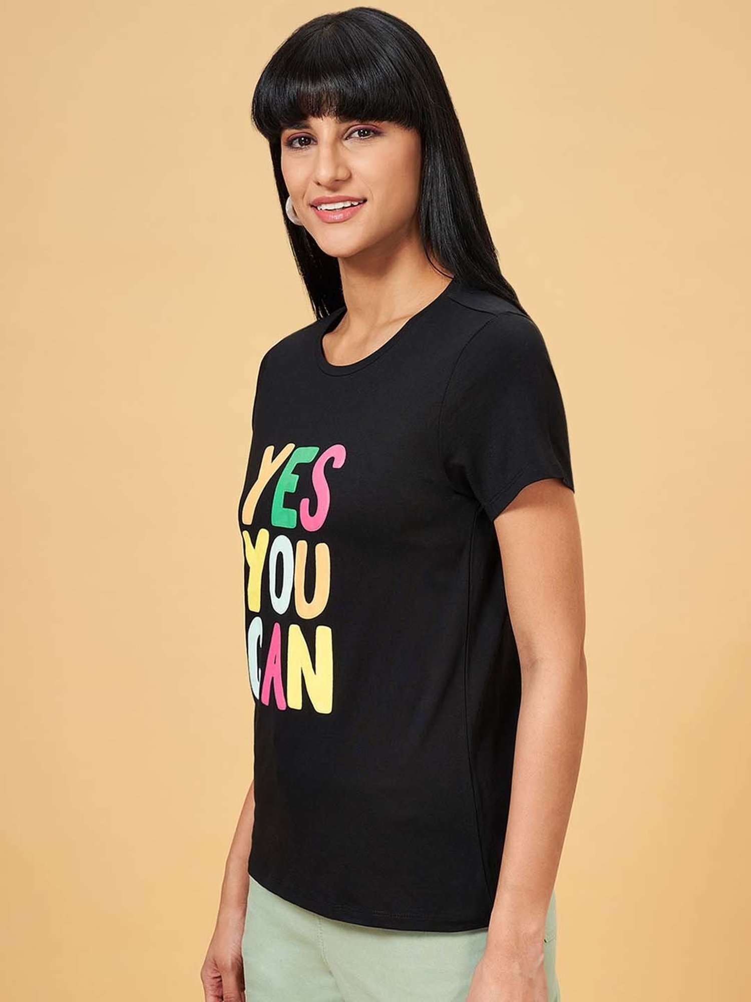 People by Pantaloons Jet Black Cotton Printed T-Shirt