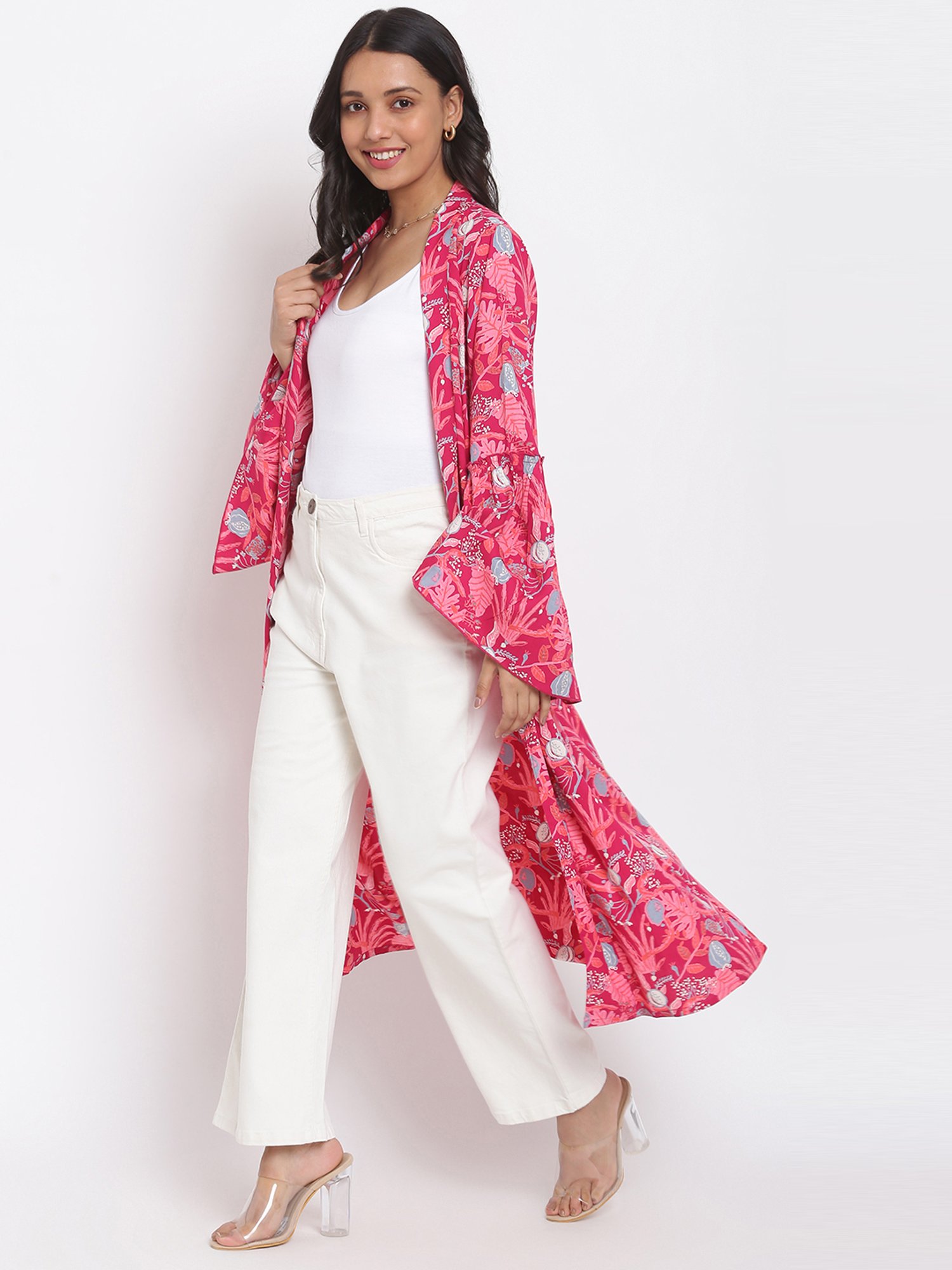 Fabindia Pink Floral Print Shrug