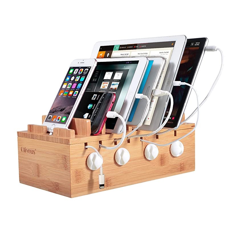 Bamboo Charging Station for 7 Devices, Charging Dock Stand Organizer for Cell Phone, Tablet, Cords Cable Organizer