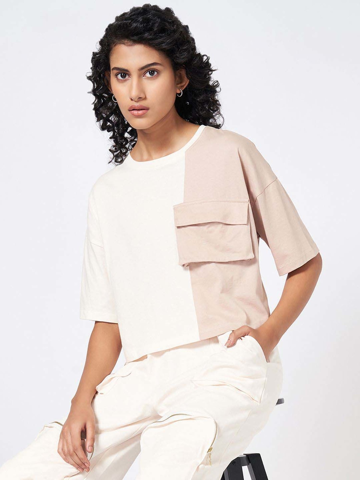 Ajile by Pantaloons White & Pink Cotton Color-Block T-Shirt