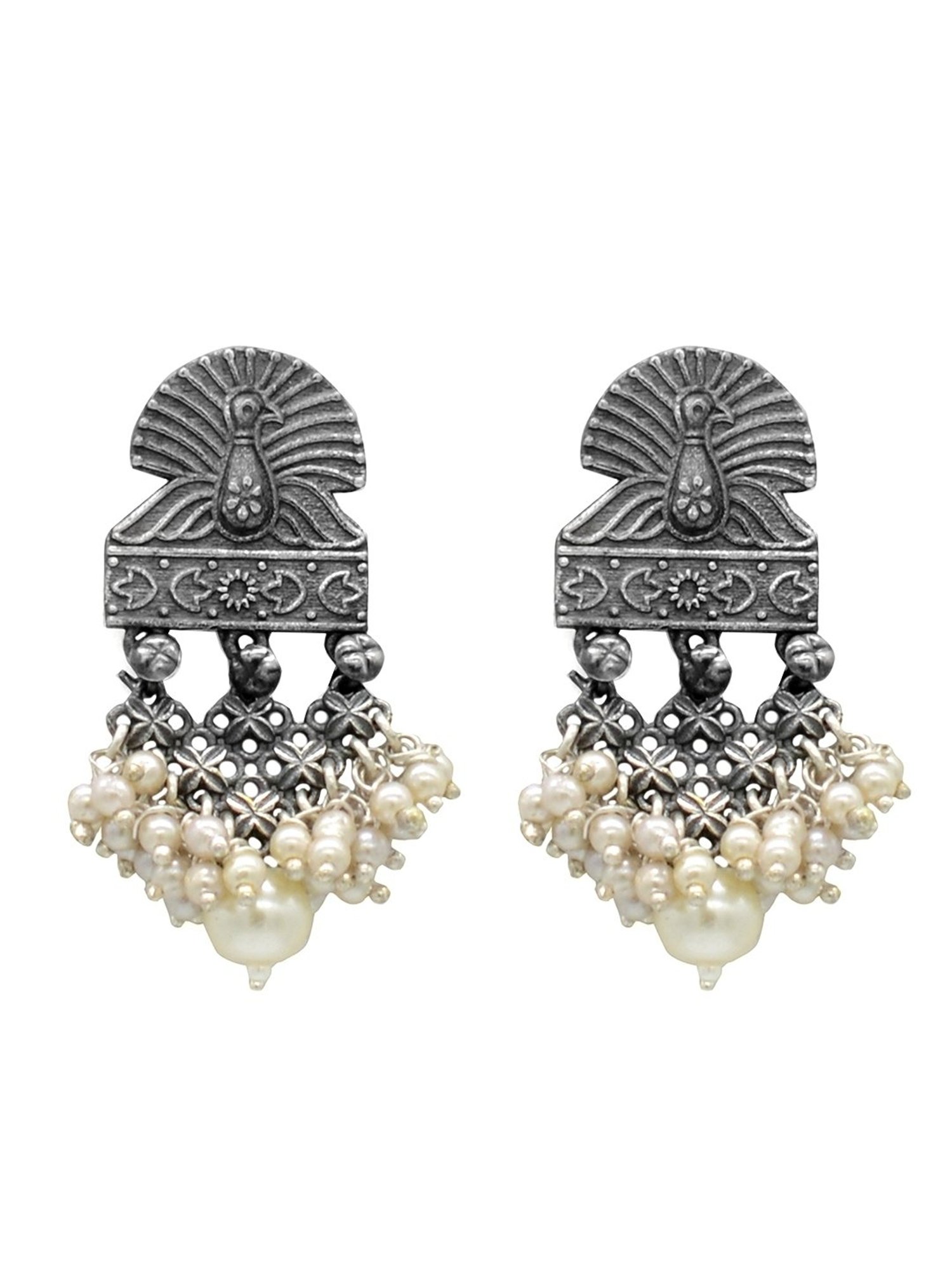 Teejh Ethnic Antique Silver Peacock Pearl Dangler Earrings