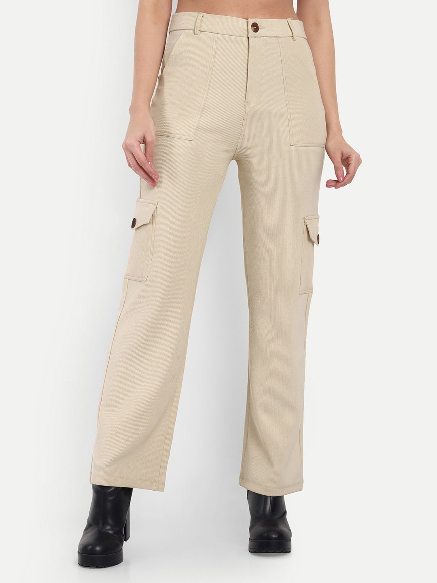 Broadstar Beige Cotton Straight Fit High Rise Cargo Pants