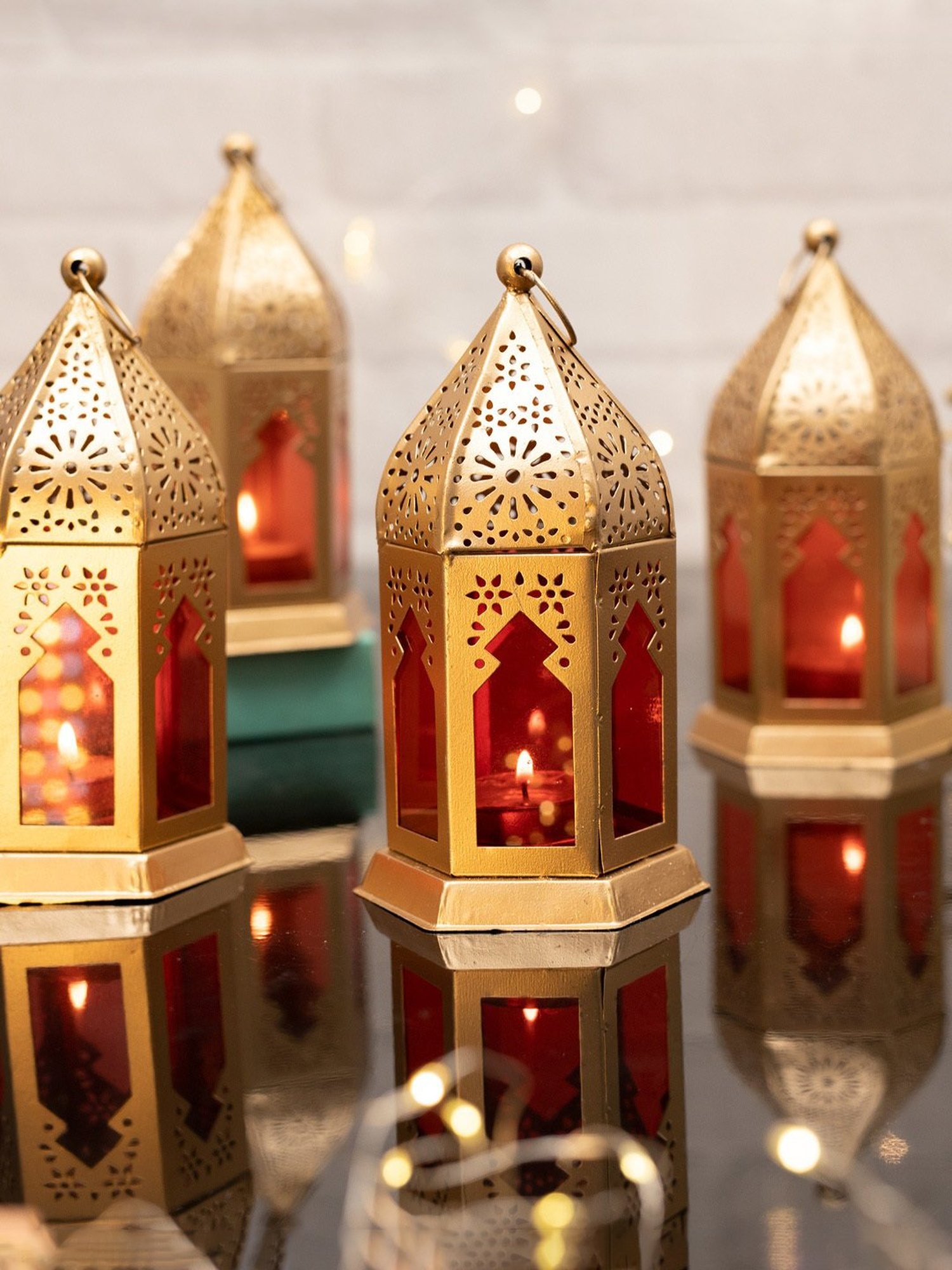 Homesake Antique Red Metal Moroccan Lantern Candle Holder - Set of 4