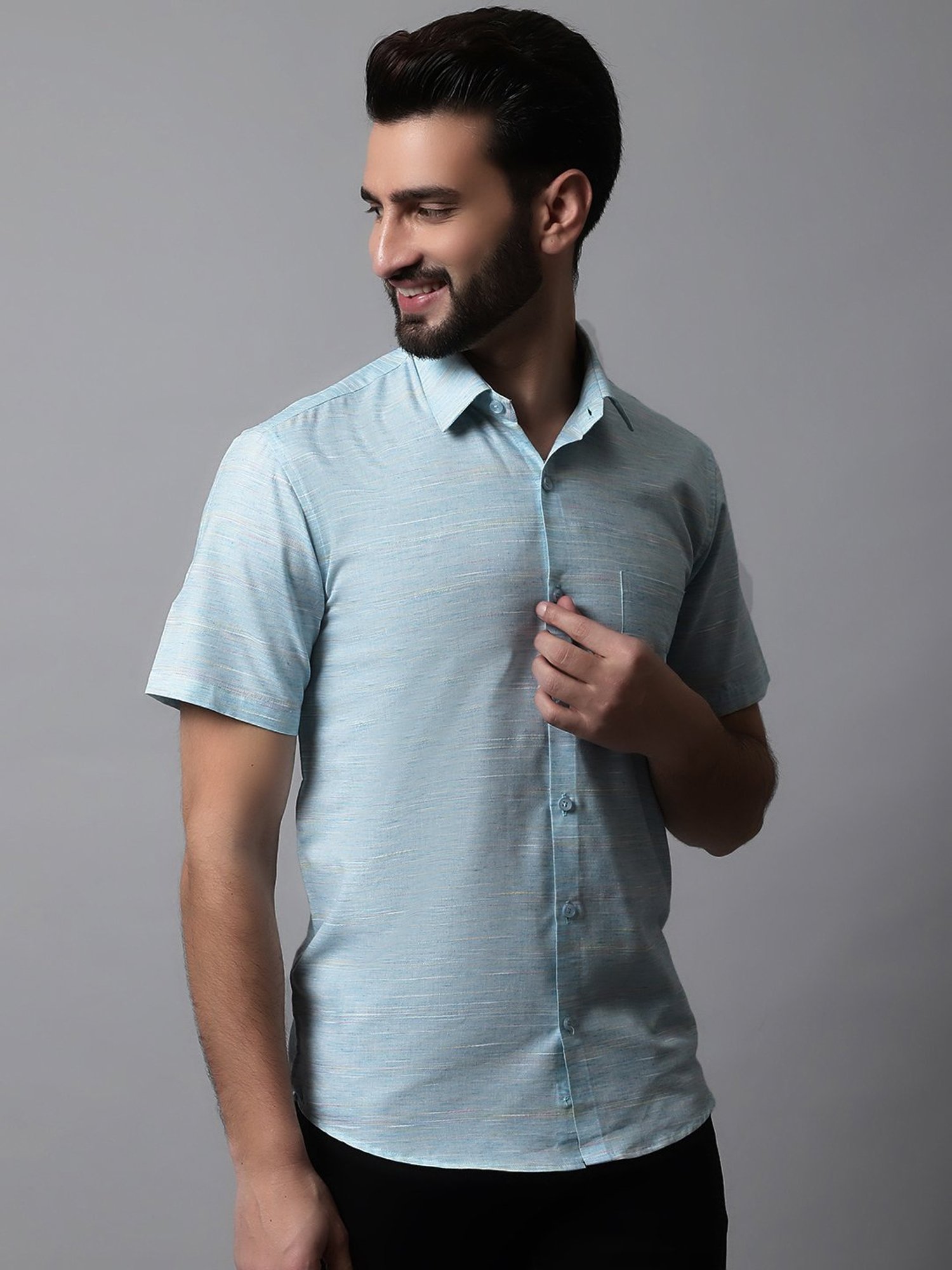 Jainish Sky Blue Regular Fit Self Design Cotton Shirt