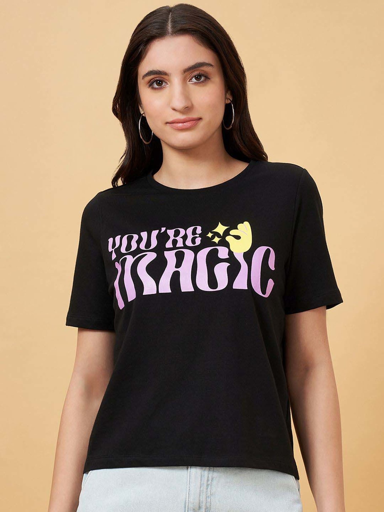 People by Pantaloons Jet Black Cotton Printed T-Shirt