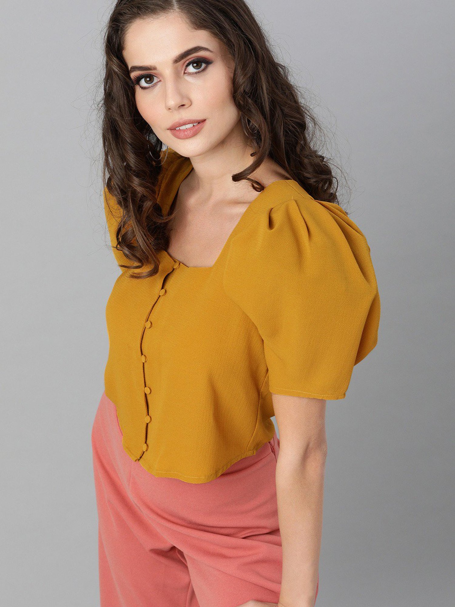 KASSUALLY Mustard Relaxed Fit Crop Top