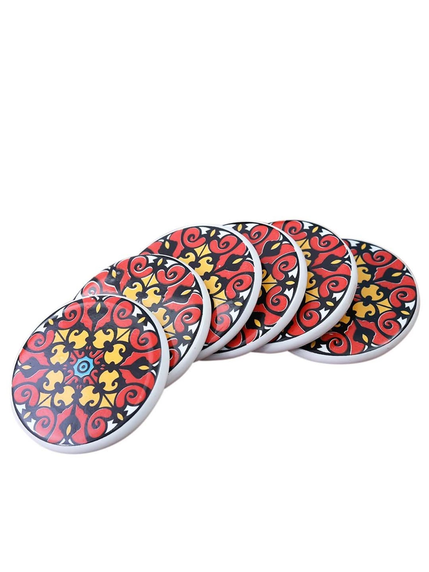 Karo Tapi Printed Multicolor Wood Coasters - Set of 6