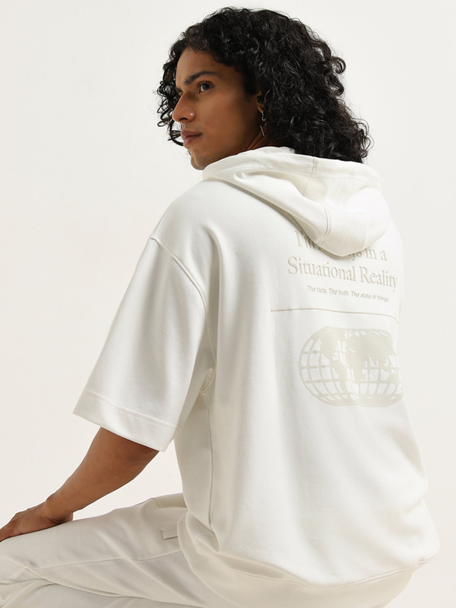 Studiofit by Westside Off-White Text Design Relaxed-Fit Hooded T-Shirt