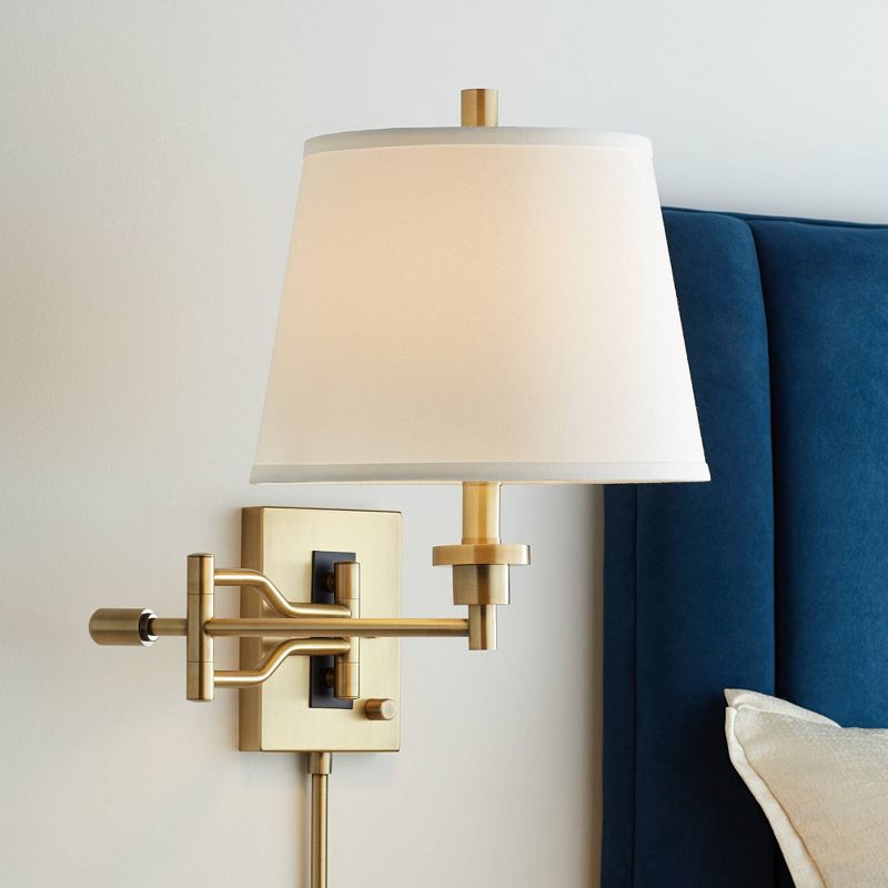 Barnes and Ivy Modern Swing Arm Wall Lamp Brushed Satin Brass Plug-In Light Fixture White Linen Empire Shade for Bedroom Bedside