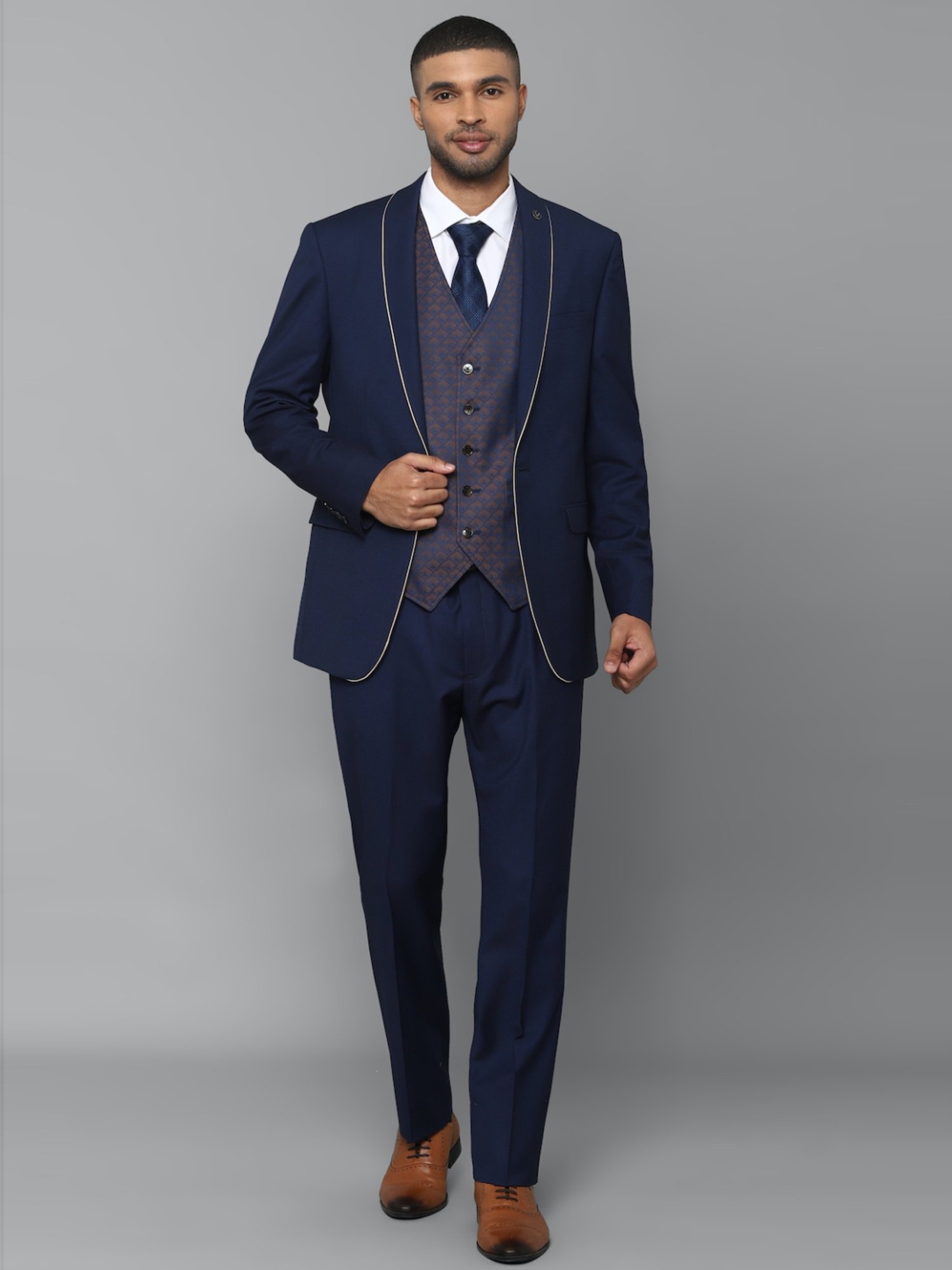 Allen Solly Navy Slim Fit Printed Three Piece Suit