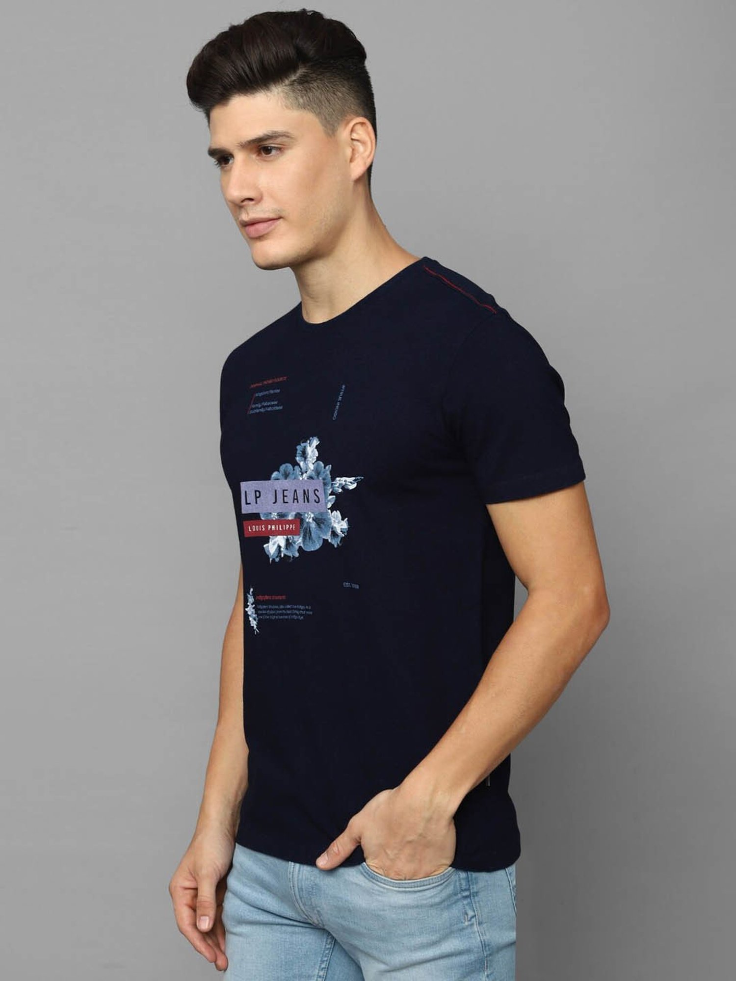 Louis Philippe Jeans Navy Blue Cotton Slim Fit Printed T-Shirt